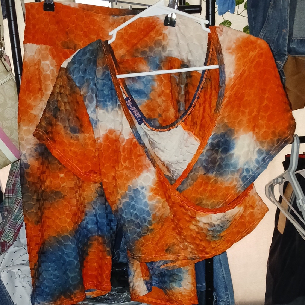 Vibrant Orange and Blue Tie-Dye Top and Short Set